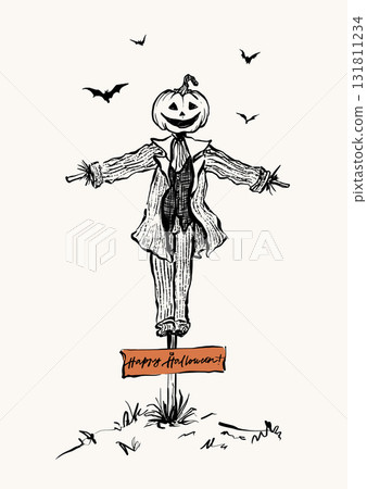 Vector Halloween card with scarecrow. Hand painted holiday template isolated on white background. Illustration for design, print or background. Halloween poster. 131811234