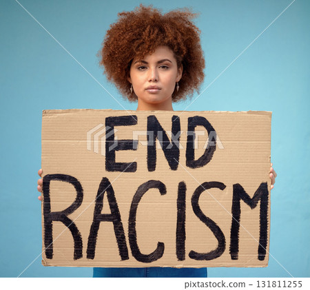 Poster, political and portrait of a woman in a studio for a protest for racism, equality and human rights, Freedom, social justice and female from Mexico with a sign for a rally by a blue background. 131811255