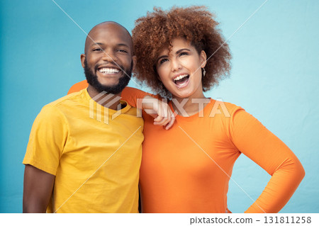 Couple, portrait or happy bonding on blue background, isolated comic mockup or wall mock up. Smile, black man or afro interracial woman and stylish, trendy or cool fashion clothes for relax urban fun 131811258