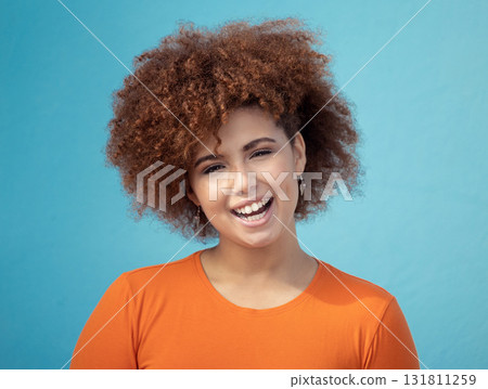Black woman, portrait smile and afro for profile, vision hair style against blue studio background. Happy African American female smiling with teeth in joyful happiness or positive attitude on mockup Black woman, portrait smile and afro for profile, vision hair style against blue studio background. Happy African American female smiling with teeth in joyful happiness or positive attitude on mockup 131811259