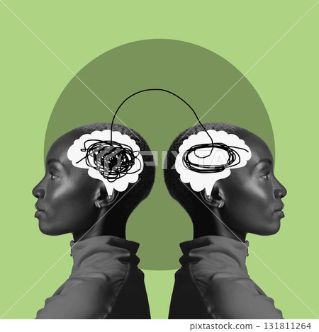 Digital art, thinking brain and face of black woman on green background for ideas, strategy and connection. Creative mind, psychology and girl reflection for intelligence, brainstorming and knowledge 131811264