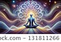 Visual illustrations of brain waves and vibrations during meditation for psychology and spiritual content 131811266