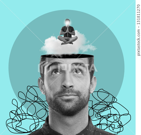 Thinking graphic, mind and man with psychology, mental health and balance of ideas, healing and meditation. Insight, art collage and creative person isolated on studio background of ideas or meditate 131811270
