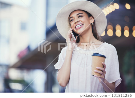 Woman, phone call and coffee on a city road for communication, travel and 5g network. Happy fashion hat person outdoor for urban journey, contact or conversation with smartphone and bokeh mockup 131811286