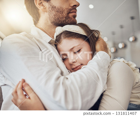 Love, hug or father with a girl to relax as a family bonding in Australia with trust, childcare or safety. Hugging, sleeping or dad with calm kid enjoying quality time on a peaceful holiday at home 131811407