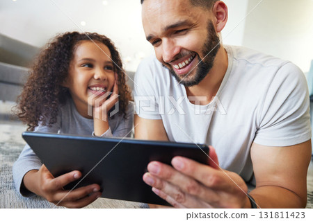 Girl, father or bonding on tablet in house, home or floor for live streaming, watching movies or education social media. Smile, happy kid or man on technology for video call, children website or app 131811423