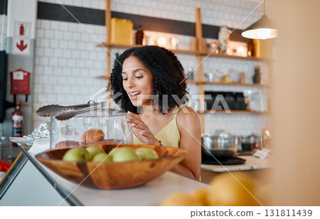Croissant, cafe and black woman or customer with food choice for morning breakfast or lunch. Wow, happy and person at a small business startup in USA New York for bread, services or bakery industry 131811439