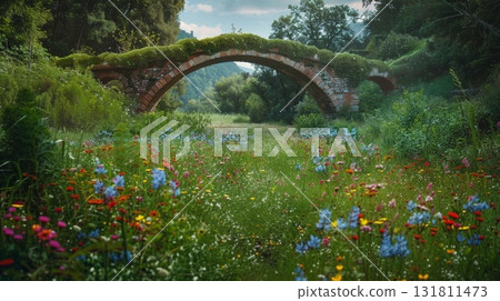 Overgrown stone arch bridge in a vibrant meadow bursting with colorful wildflowers and lush green foliage 131811473