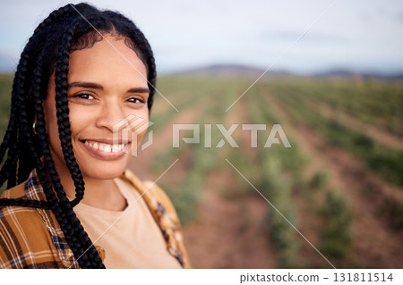 Face, smile and black woman farmer on farm for sustainable farming or growing plants. Agro portrait, agriculture business and happy female entrepreneur from South Africa in garden with mockup space. Face, smile and black woman farmer on farm for sustainable farming or growing plants. Agro portrait, agriculture business and happy female entrepreneur from South Africa in garden with mockup space. 131811514
