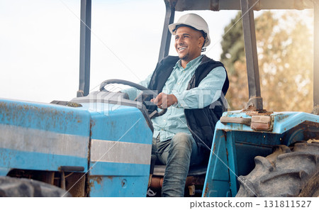 Tractor, man and farmer on field for agriculture, countryside or sustainability in nature. Happy farming worker driving machine truck, transport and sustainable ecology with happiness of land harvest Tractor, man and farmer on field for agriculture, countryside or sustainability in nature. Happy farming worker driving machine truck, transport and sustainable ecology with happiness of land harvest 131811527