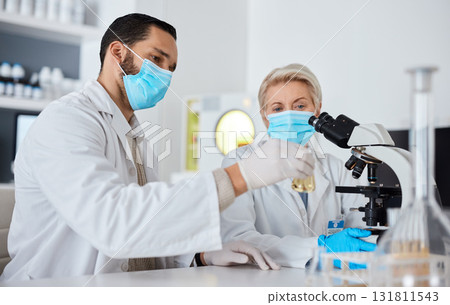 Research, glass beaker and scientists working in laboratory for medical cure or vaccine. Innovation, teamwork and team of professional scientific experts with face mask in pharmaceutical science lab. 131811543