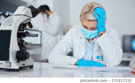 Senior woman, covid mask and tablet research feeling stress and anxiety about online results. Wellness, healthcare laboratory and medical employee doing pharmaceutical data working in a clinic lab Senior woman, covid mask and tablet research feeling stress and anxiety about online results. Wellness, healthcare laboratory and medical employee doing pharmaceutical data working in a clinic lab 131811552