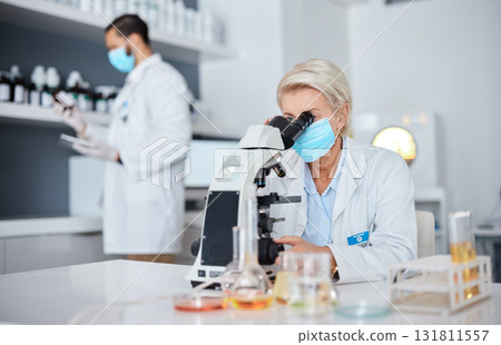 Microscope, face mask and science woman for medical analysis, virus or bacteria research in laboratory. Covid vaccine, pharmaceutical and biotechnology people, professional expert or scientist 131811557