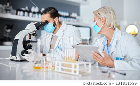 Scientist teamwork, lab and tablet covid 19 vaccine research for company with mask, studying and pharma. Man, woman and science with microscope analysis, tech and medical goals for healthcare future 131811559