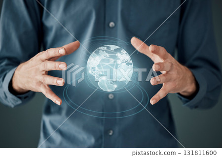 Globe, networking and internet with hands of businessman for digital transformation, social media and future. Communication, database and hologram with employee and world for technology, cyber and 3d Globe, networking and internet with hands of businessman for digital transformation, social media and future. Communication, database and hologram with employee and world for technology, cyber and 3d 131811600