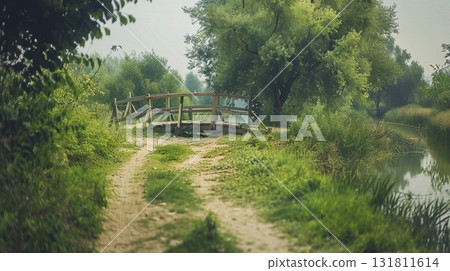 Wooden bridge over a serene canal with lush green foliage and a dirt path 131811614