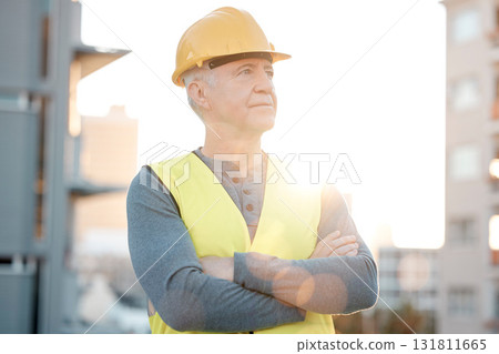 Construction worker, old man thinking and architecture vision with building industry and leader outdoor. Property development, renovation with helmet for safety and contractor at site with ideas Construction worker, old man thinking and architecture vision with building industry and leader outdoor. Property development, renovation with helmet for safety and contractor at site with ideas 131811665