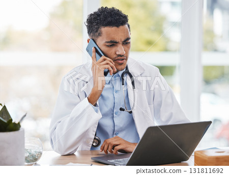 Phone call, office or confused doctor man in hospital for communication, financial healthcare advice or insurance. Question, finance or medical employee on smartphone for compliance, policy or trust Phone call, office or confused doctor man in hospital for communication, financial healthcare advice or insurance. Question, finance or medical employee on smartphone for compliance, policy or trust 131811692