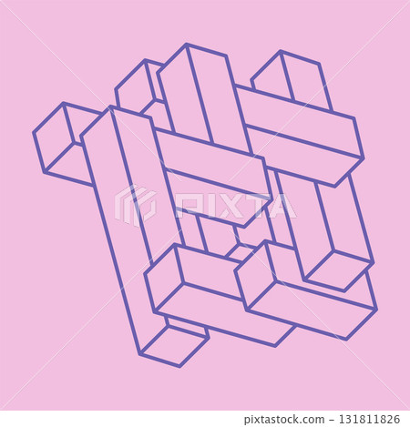 Sacred geometry figure. Optical illusion logo. Impossible shape. Abstract eternal geometric objects. Impossible endless outline shapes. Optical art. Impossible geometry shape on a pink background. 131811826