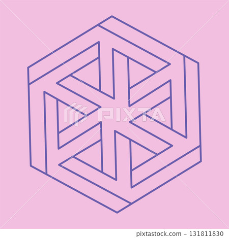 Impossible shapes. Sacred geometry. Optical illusion logo. Abstract eternal geometric objects. Optical art. Impossible geometry symbol on a pink background. Line art.  131811830