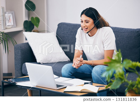 Remote work, laptop and woman in a telemarketing call center, customer services or online technical support. Communication, crm or sales agent talking, consulting or helping with loan advice at home 131811836