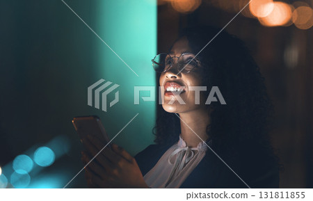 Business, black woman and phone at night thinking idea for communication network connection. Entrepreneur person in dark office for social media ux, networking or ai mobile app marketing mockup Business, black woman and phone at night thinking idea for communication network connection. Entrepreneur person in dark office for social media ux, networking or ai mobile app marketing mockup 131811855