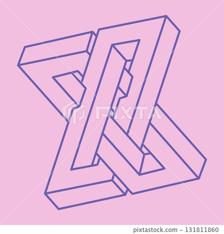 Impossible shapes. Sacred geometry. Optical illusion figures. Abstract eternal geometric object. Impossible geometry shape on a pink background. Optical art. 131811860