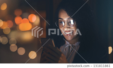 Night, black woman and business phone with bokeh lights for communication network connection. Happy entrepreneur person in dark for social media, networking or mobile app ux for investment mockup 131811861