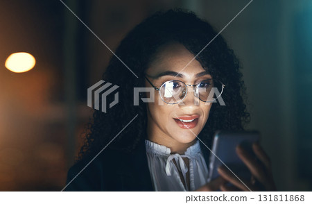 Black woman, business phone and face at night for communication with network connection. Entrepreneur person in dark office for social media, networking or mobile app reading online review or email 131811868