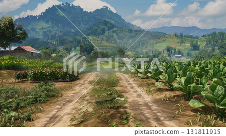 Rural landscape featuring rows of crops flowering plants and distant green hills under a cloudy sky 131811915