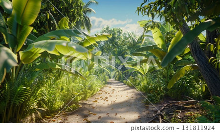 A sunlit pathway through lush green jungle foliage with banana leaves and palm trees A sunlit pathway through lush green jungle foliage with banana leaves and palm trees 131811924