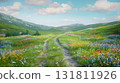 A winding dirt path through a vibrant meadow bursting with wildflowers under a clear blue sky 131811926