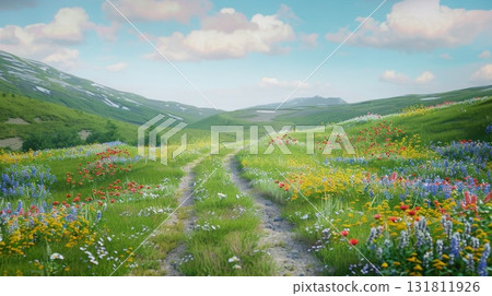 A winding dirt path through a vibrant meadow bursting with wildflowers under a clear blue sky A winding dirt path through a vibrant meadow bursting with wildflowers under a clear blue sky 131811926