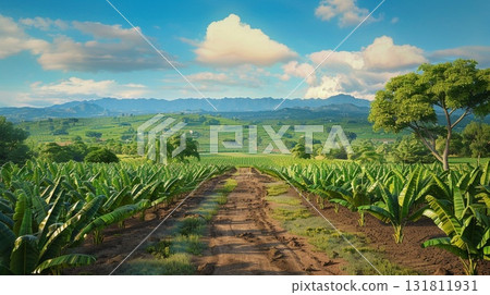 Expansive green banana plantation stretching towards distant blue mountains under a bright sky Expansive green banana plantation stretching towards distant blue mountains under a bright sky 131811931