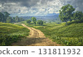 A winding dirt path traverses lush green rolling hills dotted with trees and wildflowers under a dramatic cloudy sky 131811932