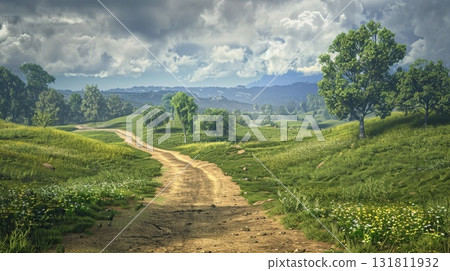 A winding dirt path traverses lush green rolling hills dotted with trees and wildflowers under a dramatic cloudy sky A winding dirt path traverses lush green rolling hills dotted with trees and wildflowers under a dramatic cloudy sky 131811932