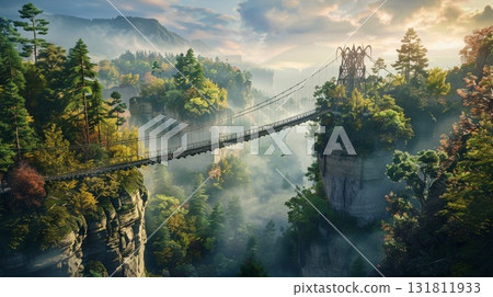 Long suspension bridge crossing a misty canyon overgrown with dense evergreen and deciduous trees Long suspension bridge crossing a misty canyon overgrown with dense evergreen and deciduous trees 131811933