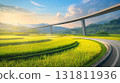 A long elevated highway bridge crosses over vibrant green rice fields under a clear sky 131811936
