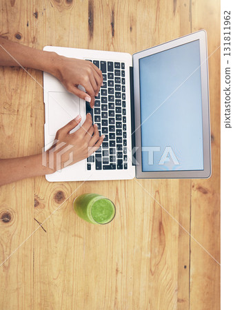 Laptop, hands and nutritionist blog by woman typing, post or review on healthy mockup screen. Social media, health and influencer hand of girl writing online weight loss, wellness or smoothie recipe Laptop, hands and nutritionist blog by woman typing, post or review on healthy mockup screen. Social media, health and influencer hand of girl writing online weight loss, wellness or smoothie recipe 131811962