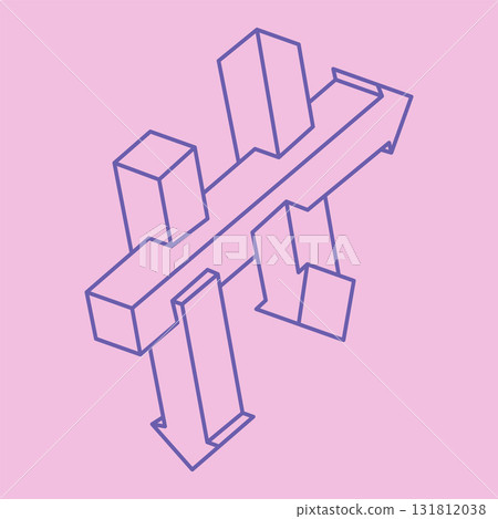 Optical illusion logo. Impossible shapes. Sacred geometry figures. Abstract eternal geometric objects. Impossible endless outline arrows. Optical art. Impossible geometry shape on a pink background. 131812038