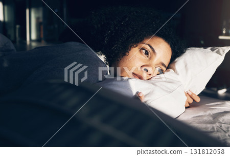 Anxiety, depression and woman in bed with insomnia, thinking and trying to sleep while sick. Morning, sunrise and sad and depressed girl with stress, mental health problem and fatigue in bedroom Anxiety, depression and woman in bed with insomnia, thinking and trying to sleep while sick. Morning, sunrise and sad and depressed girl with stress, mental health problem and fatigue in bedroom 131812058