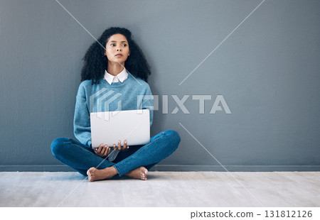 Laptop, relax and thinking with black woman on floor and wall mockup for social media, news or website. Design, online shopping and technology with girl for communication, internet or advertising Laptop, relax and thinking with black woman on floor and wall mockup for social media, news or website. Design, online shopping and technology with girl for communication, internet or advertising 131812126