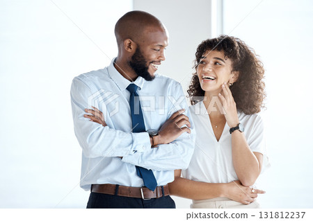 Laughing, arms crossed and employees with pride, confidence and diversity at corporate company. Success, happy and black man and woman smiling for business solidarity and support for a collaboration 131812237