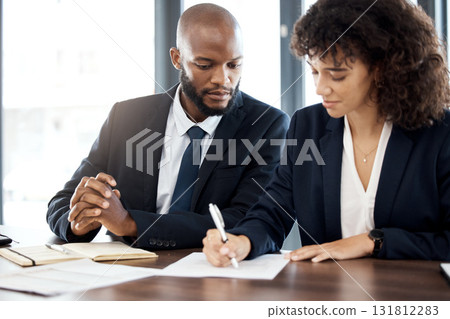 Documents, business and black people writing notes for accounting strategy, planning and company portfolio review. Teamwork, financial advisor and analysis of contract, investment or legal consulting 131812283