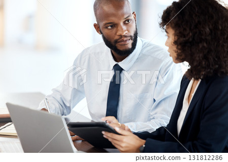 Executive planning, black man and meeting with team, technology and strategy review in office. Financial advisor, investment management and corporate leader listen to feedback of business accounting 131812286
