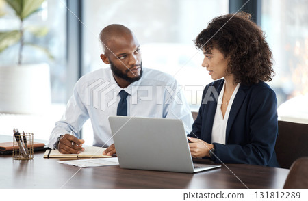 Executive planning, black people and meeting with laptop, collaboration and strategy review in office. Financial advisor, investment management and corporate teamwork for feedback of business ideas 131812289