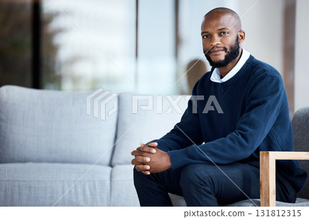 Employee, portrait and confident black man at work, job or modern workplace in a waiting room for interview at office building. Portrait, businessman and African American worker with positive mindset 131812315