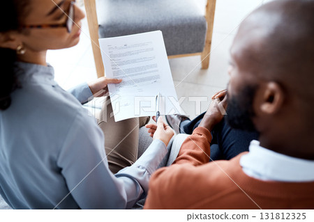 Document, medical agreement and black man with woman sign paperwork, health insurance and legal contract. Communication, doctor in psychology and patient, consultation to explain terms and conditions 131812325