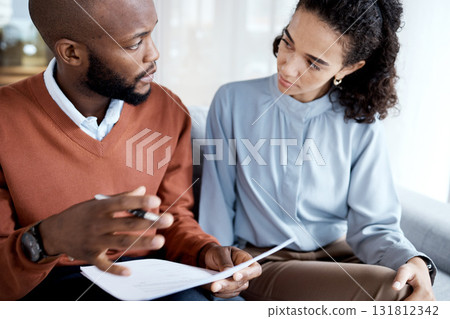Contract, medical agreement and black man with woman sign paperwork, health insurance and legal document. Communication, doctor in psychology and patient, consultation to explain terms and conditions 131812342