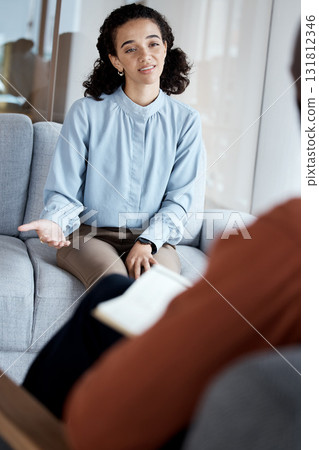 Mental health, talking and black woman in therapy session, depression and discussion for stress, grief or loss. African American female, patient or lady with anxiety, conversation for help or anxious Mental health, talking and black woman in therapy session, depression and discussion for stress, grief or loss. African American female, patient or lady with anxiety, conversation for help or anxious 131812346